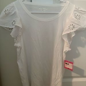 Kate Spade white eyelet flutter sleeve tee, size L, NWT.